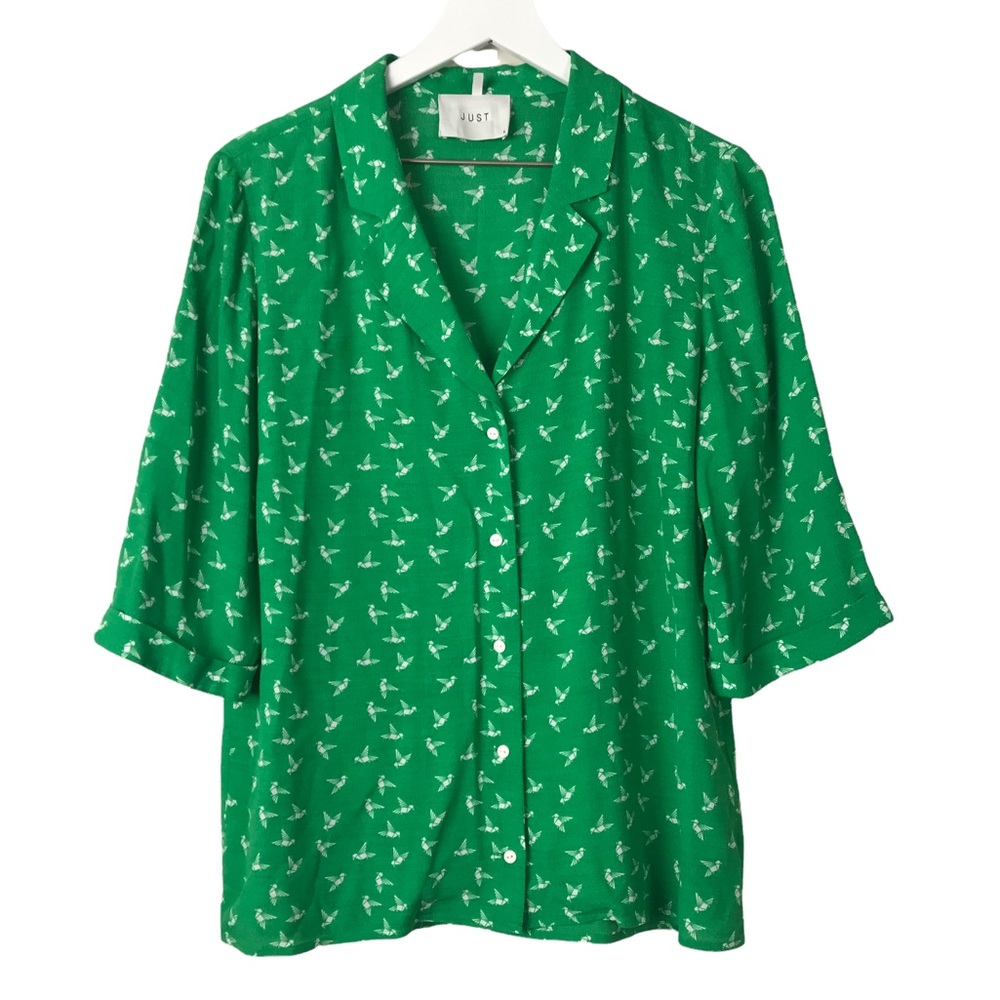 Just Female Elvira Green Bird Print Button Down Viscose Shirt Women Sz S